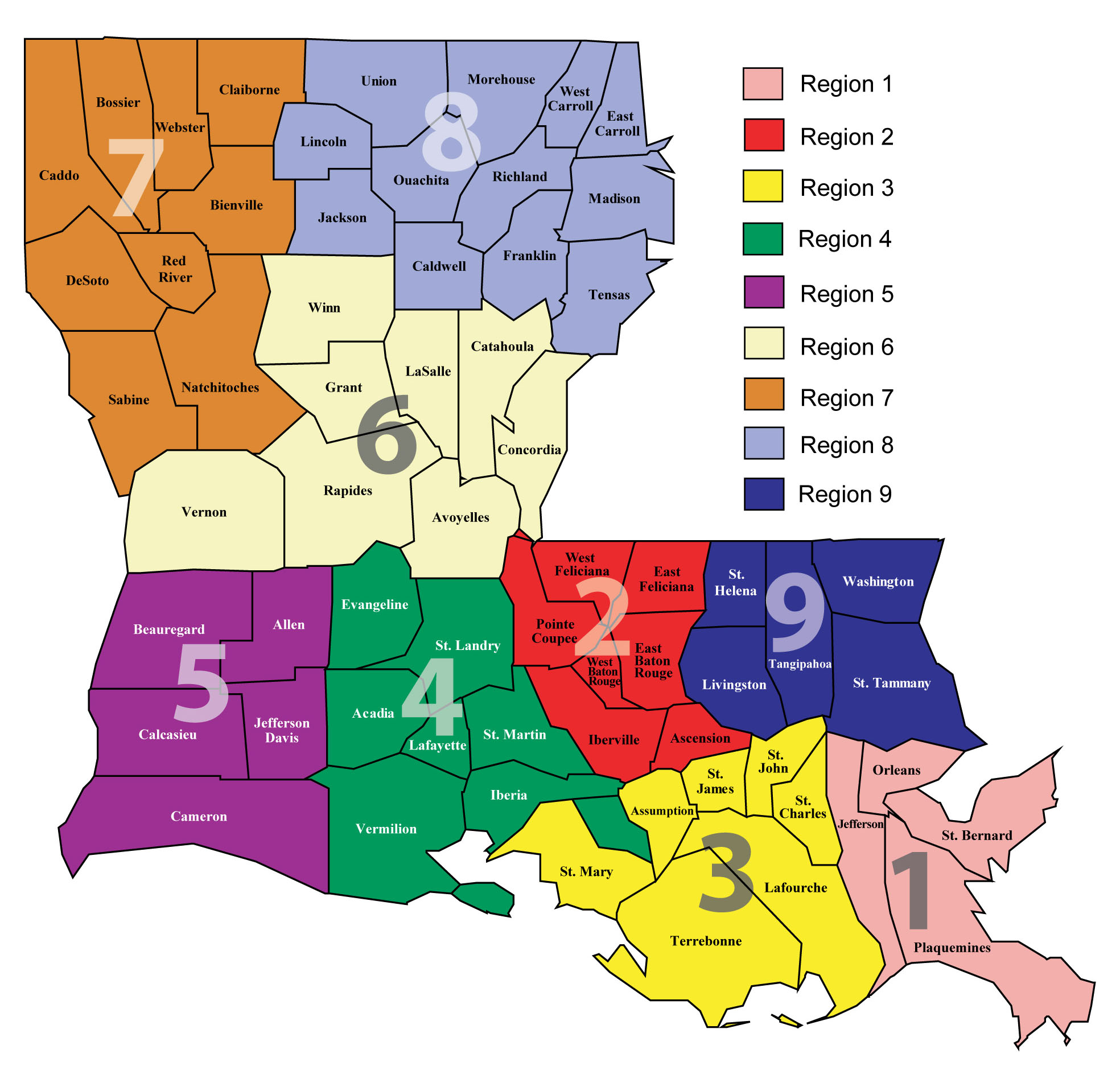 A map of Louisiana showing different regions.