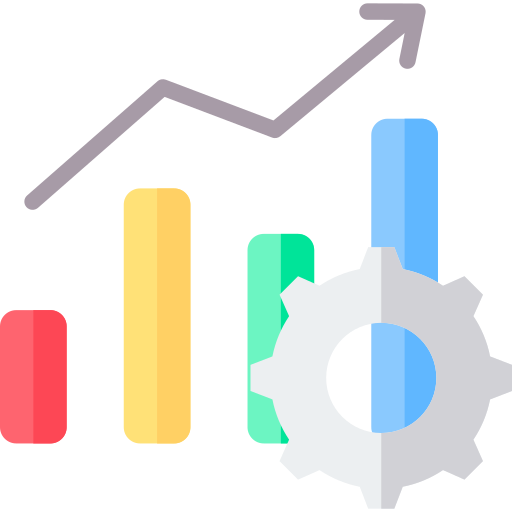 A gear and bar graph icon indicating progress