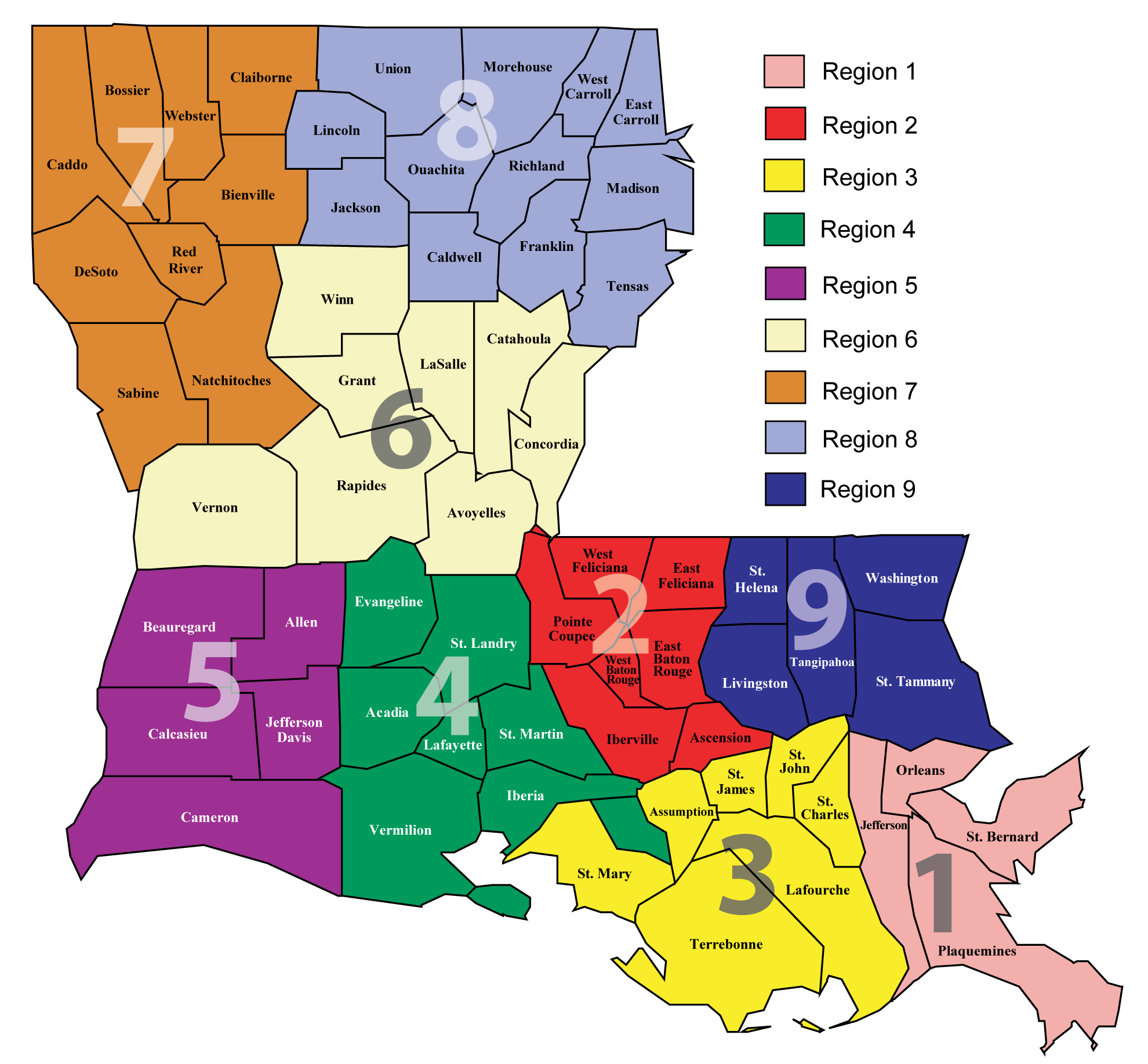 Map of Louisiana's parishes with numbered regions