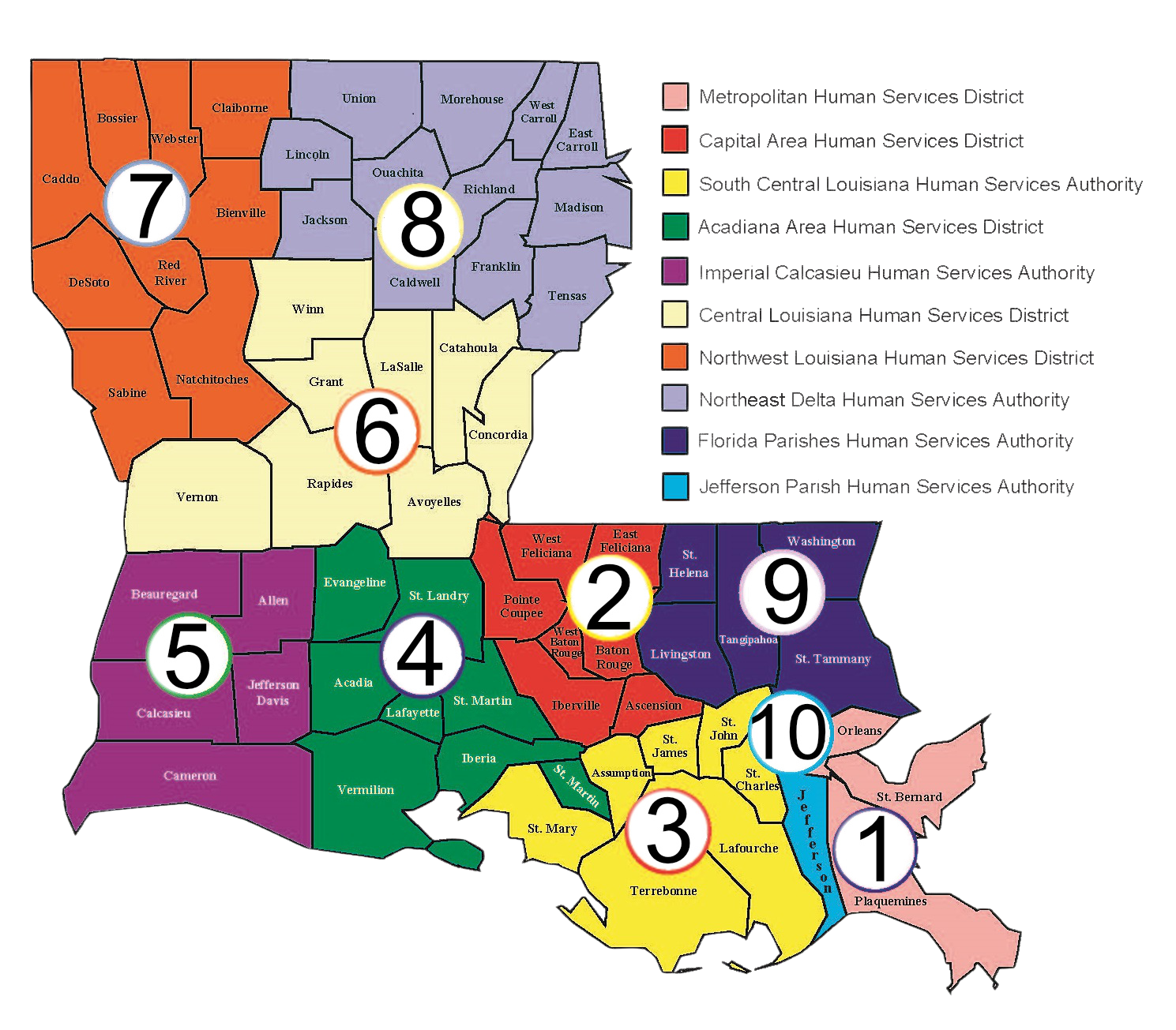 Map of Louisiana with regions marked