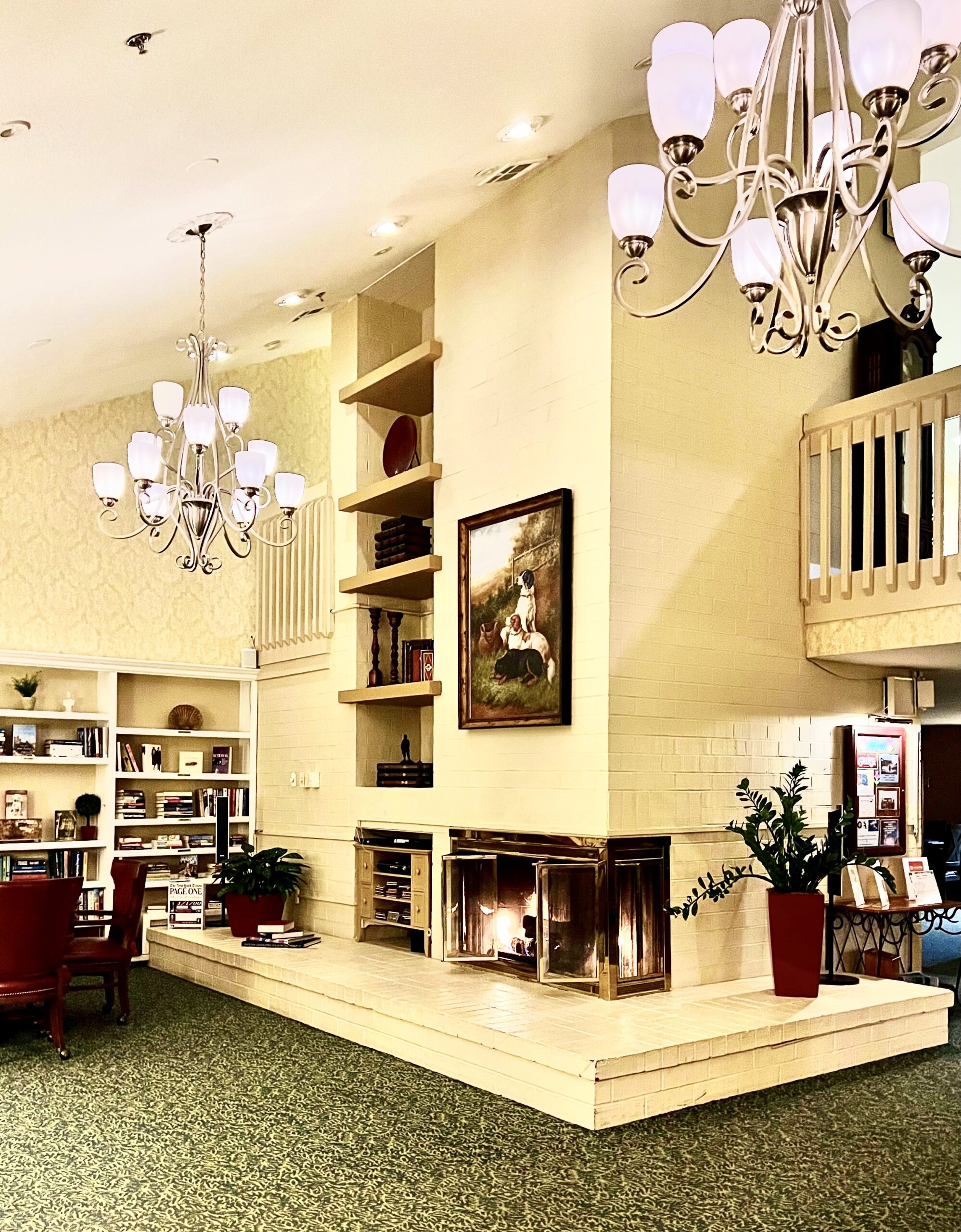 Cozy common area with a fireplace and bookshelves
