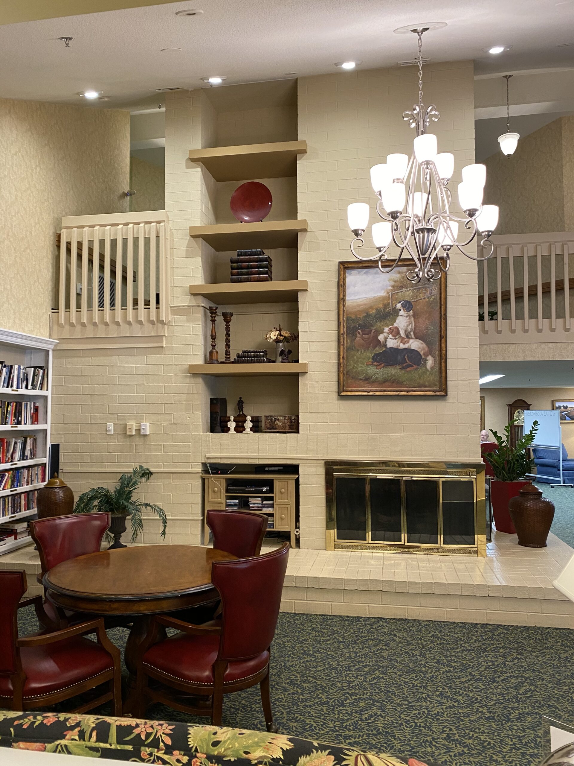 Interior common area with seating and fireplace