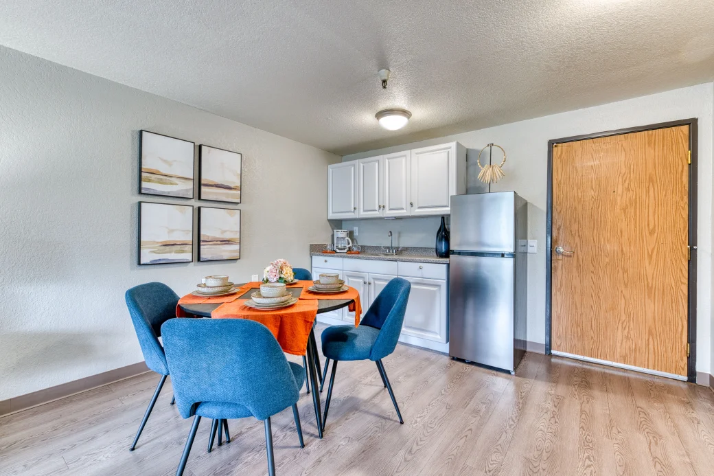 Bright interior of a resident's kitchen and dining area