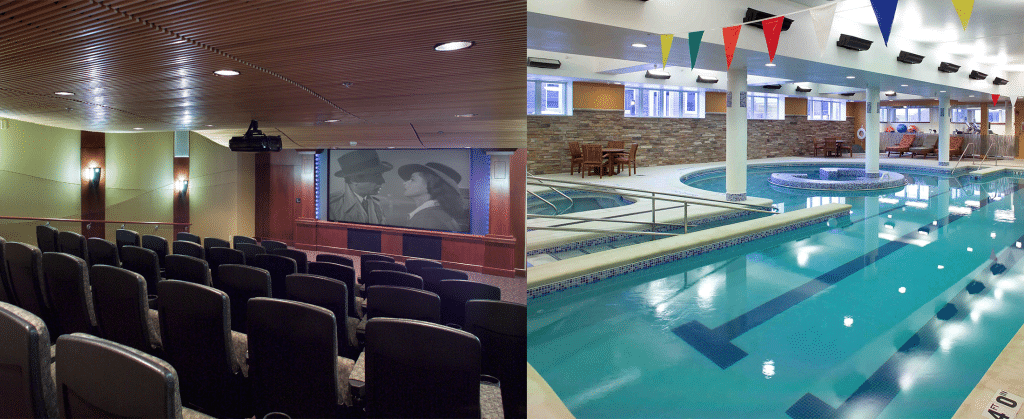 Interior view of a movie theater and a pool area