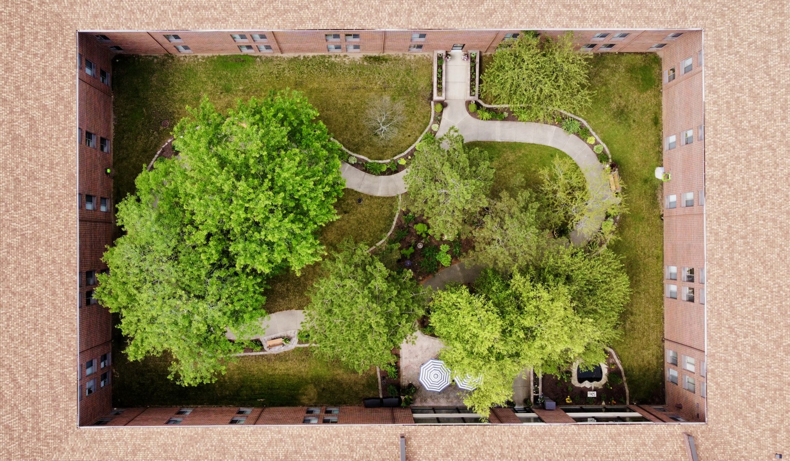 Aerial view of the facility's landscaped outdoor space