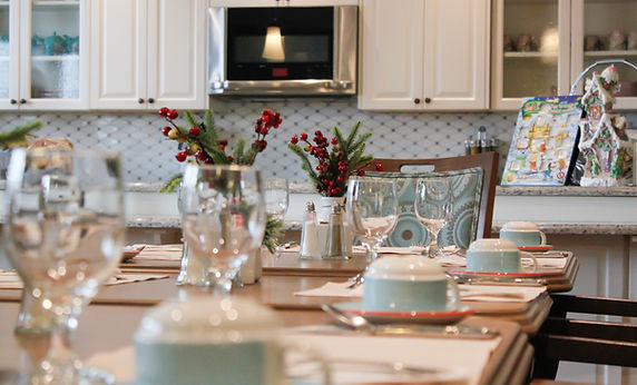 Dining area with set tables and decorations