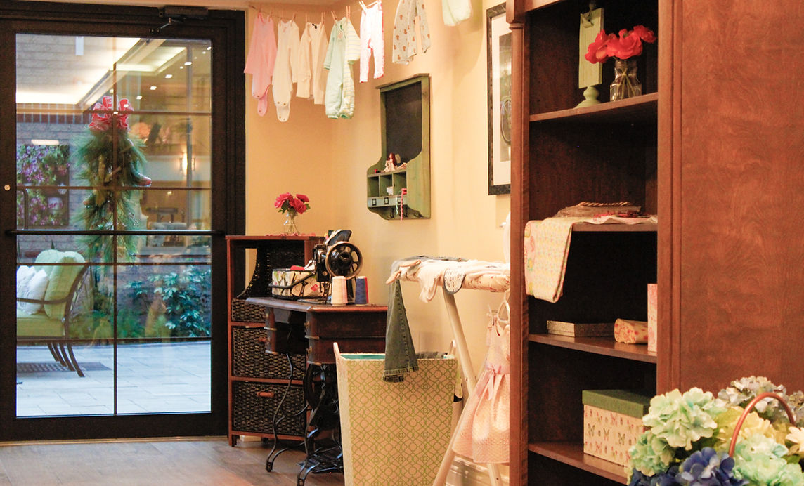 Interior view of a cozy common area, decorated warmly.
