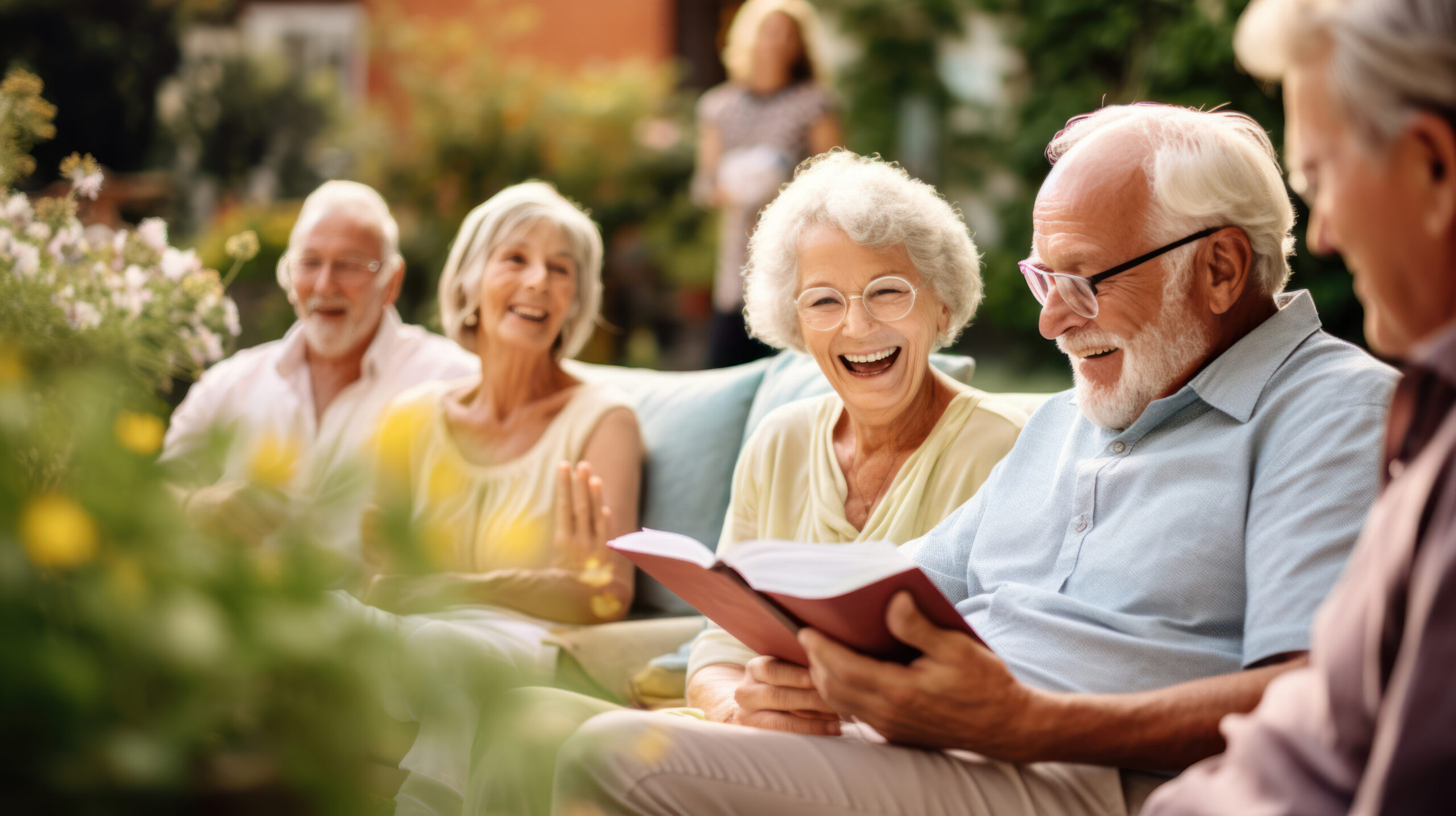 Residents enjoying a book reading in a garden setting