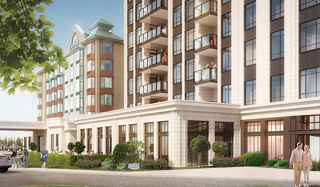 Exterior view of Waterford Retirement Residence with residents and staff