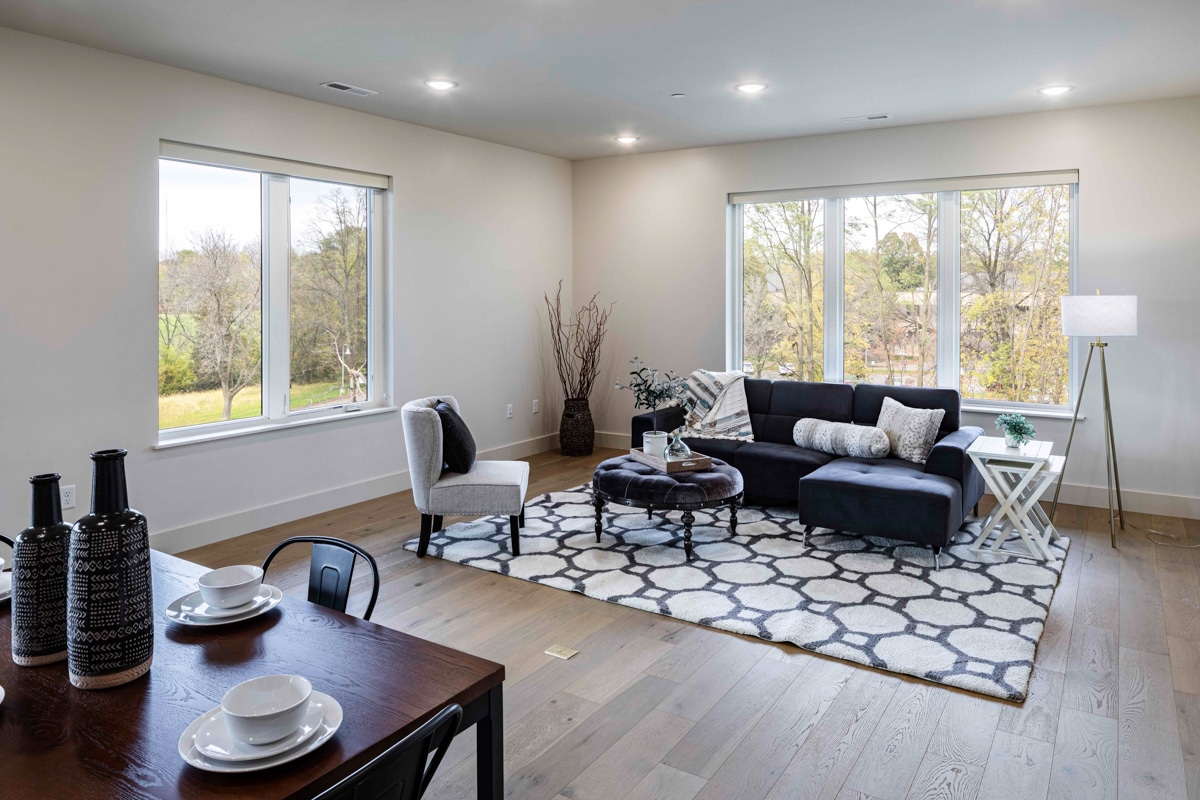 Bright, spacious common area with large windows