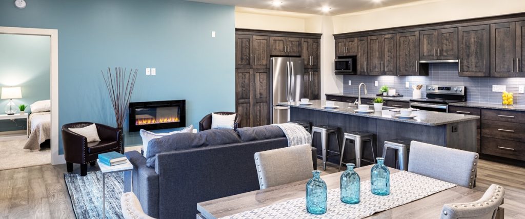 Modern interior kitchen and living area at Oaknoll Retirement Residence