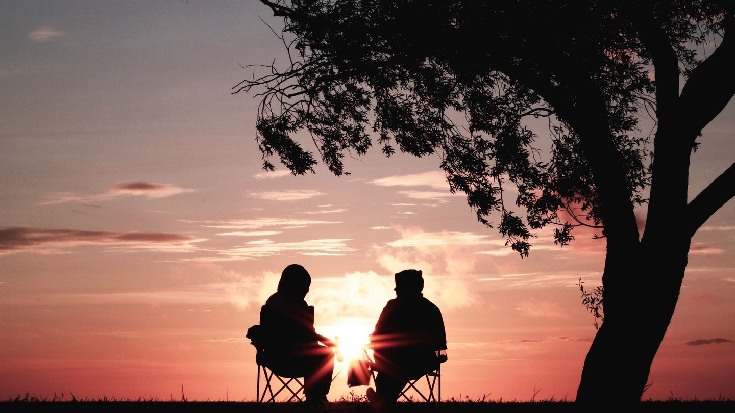 Silhouettes of two people sitting under a tree at sunset