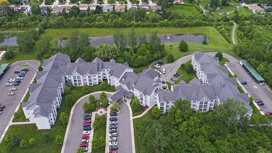 Aerial view of the American House Troy facility with green spaces