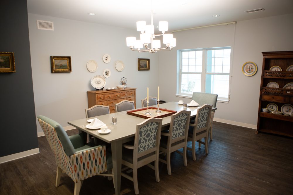 Dining area with a table set for a meal