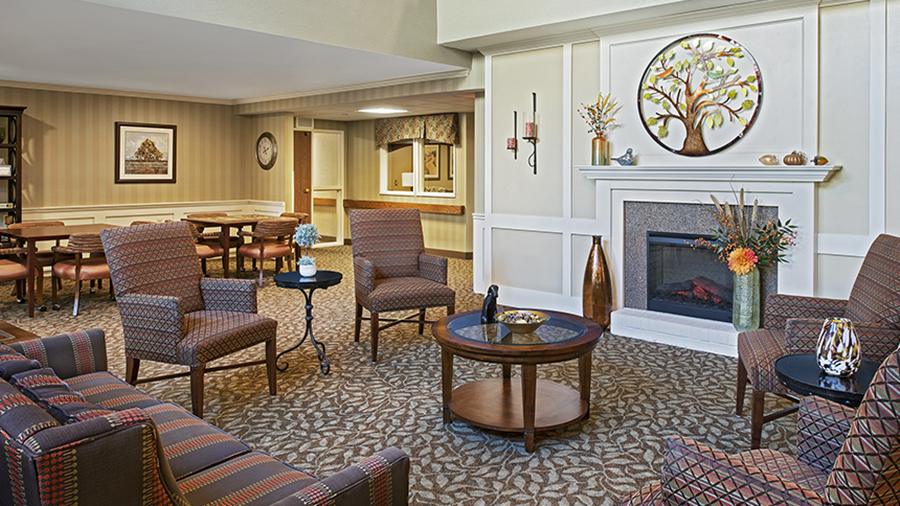 Interior common area with seating and fireplace
