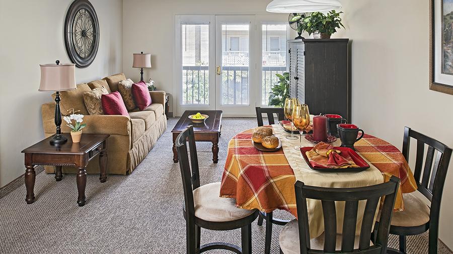Cozy interior of a resident living space with a dining area