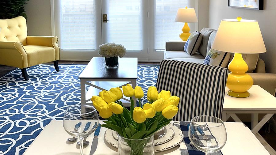 Brightly decorated interior of a living space with flowers