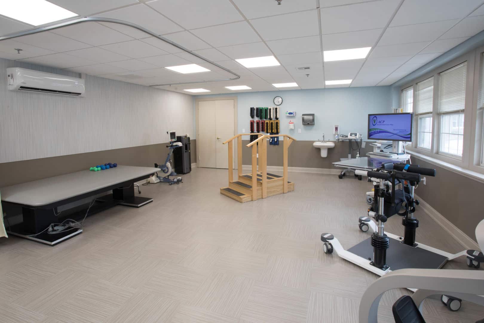 Rehabilitation therapy room with equipment