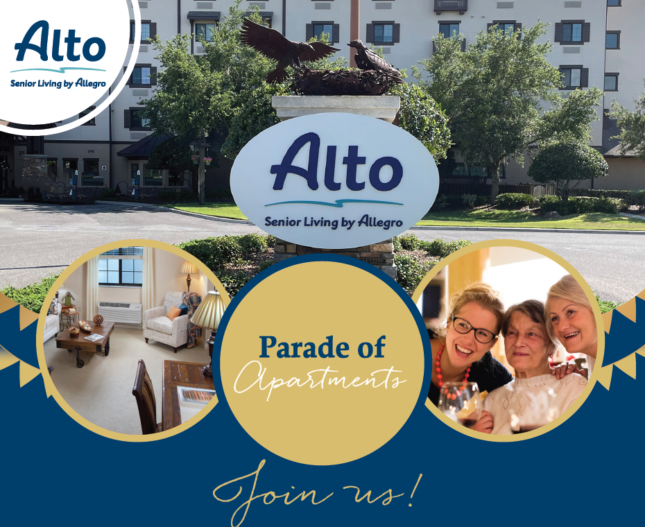 Facility logo with building exterior and happy residents