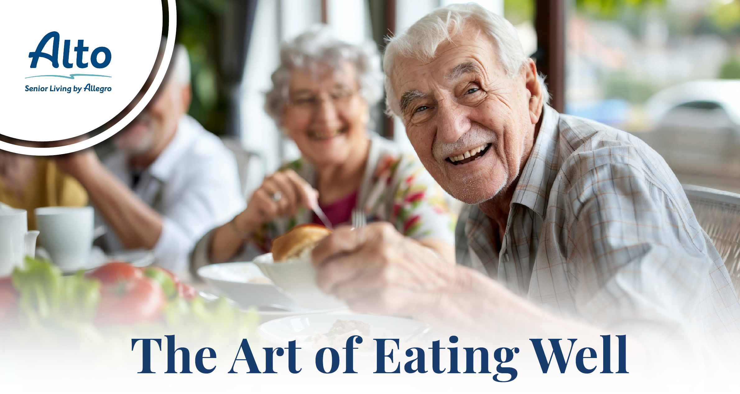 Residents enjoying a meal together in a dining room