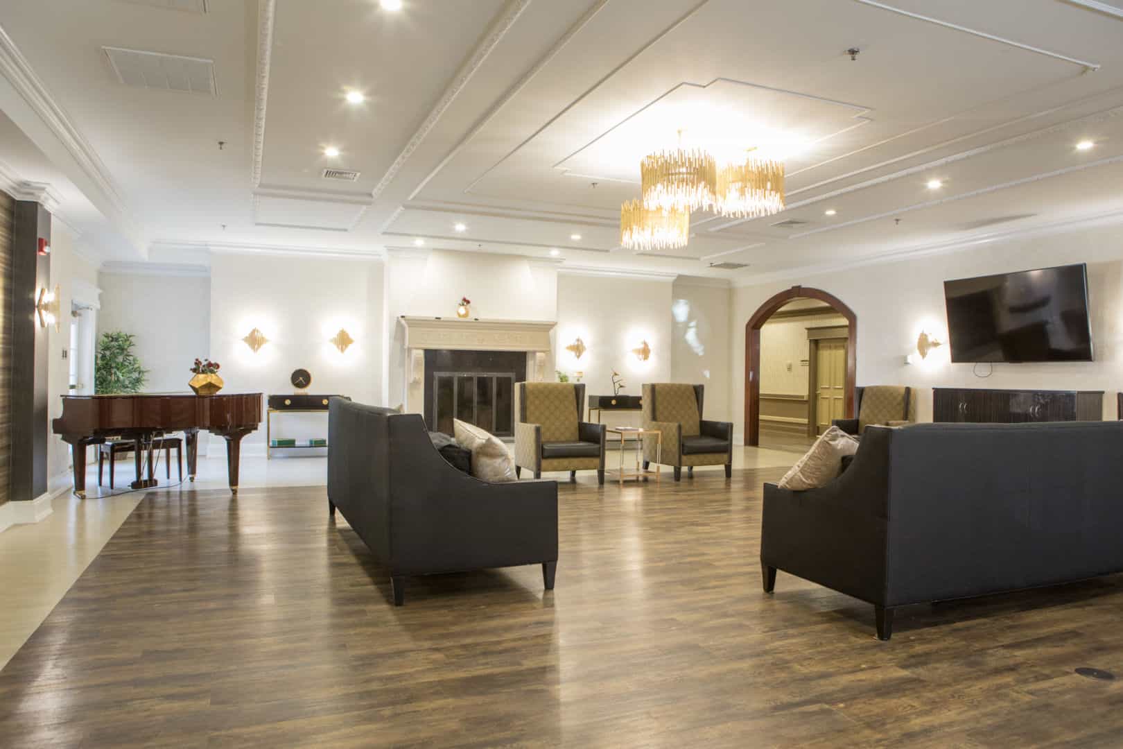 Bright and spacious common area with seating and decor