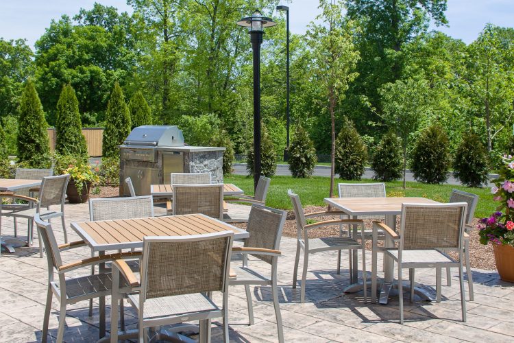 Outdoor seating area with chairs and tables
