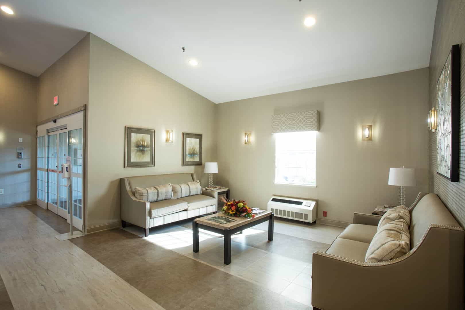 Bright and inviting common area with seating