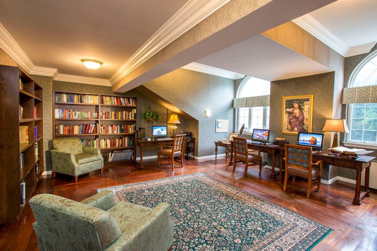 Interior view of a cozy library with seating and desks
