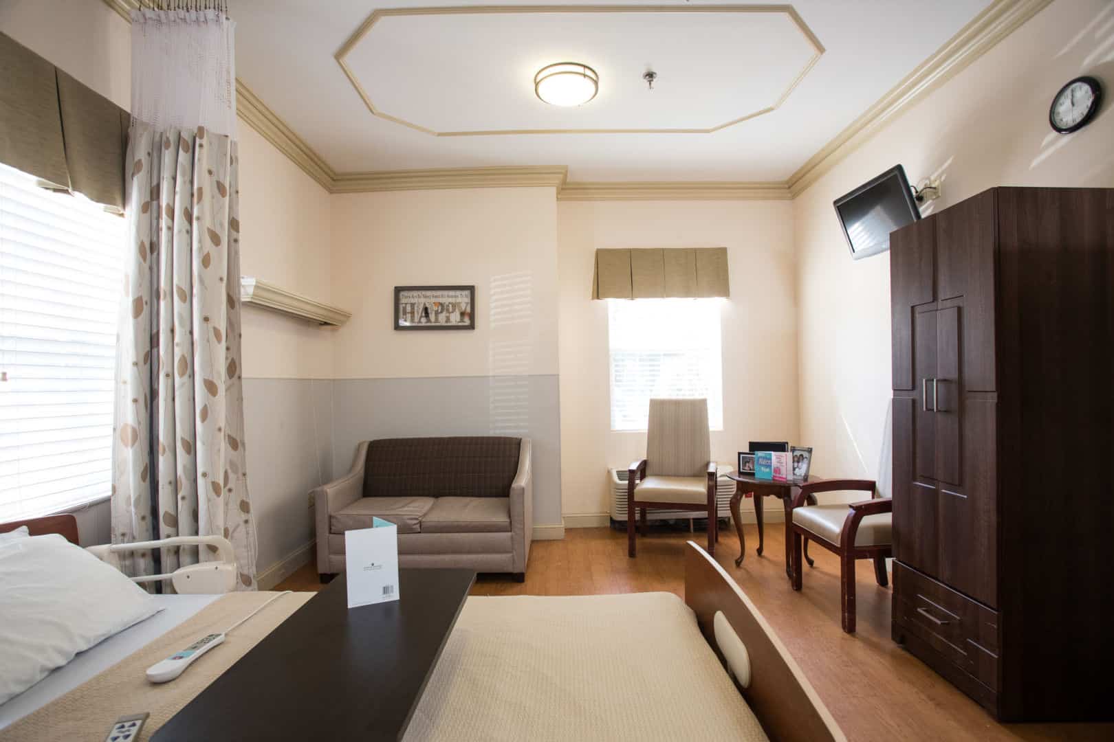 Cozy interior room with a bed and seating area