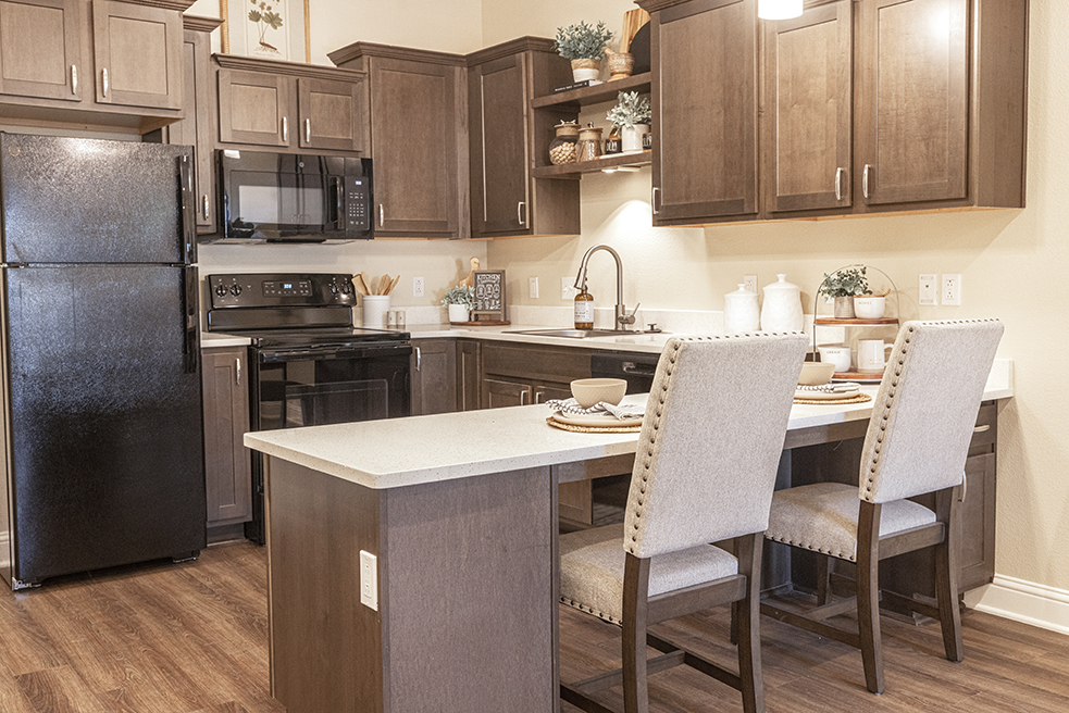 Modern kitchen interior with dining area