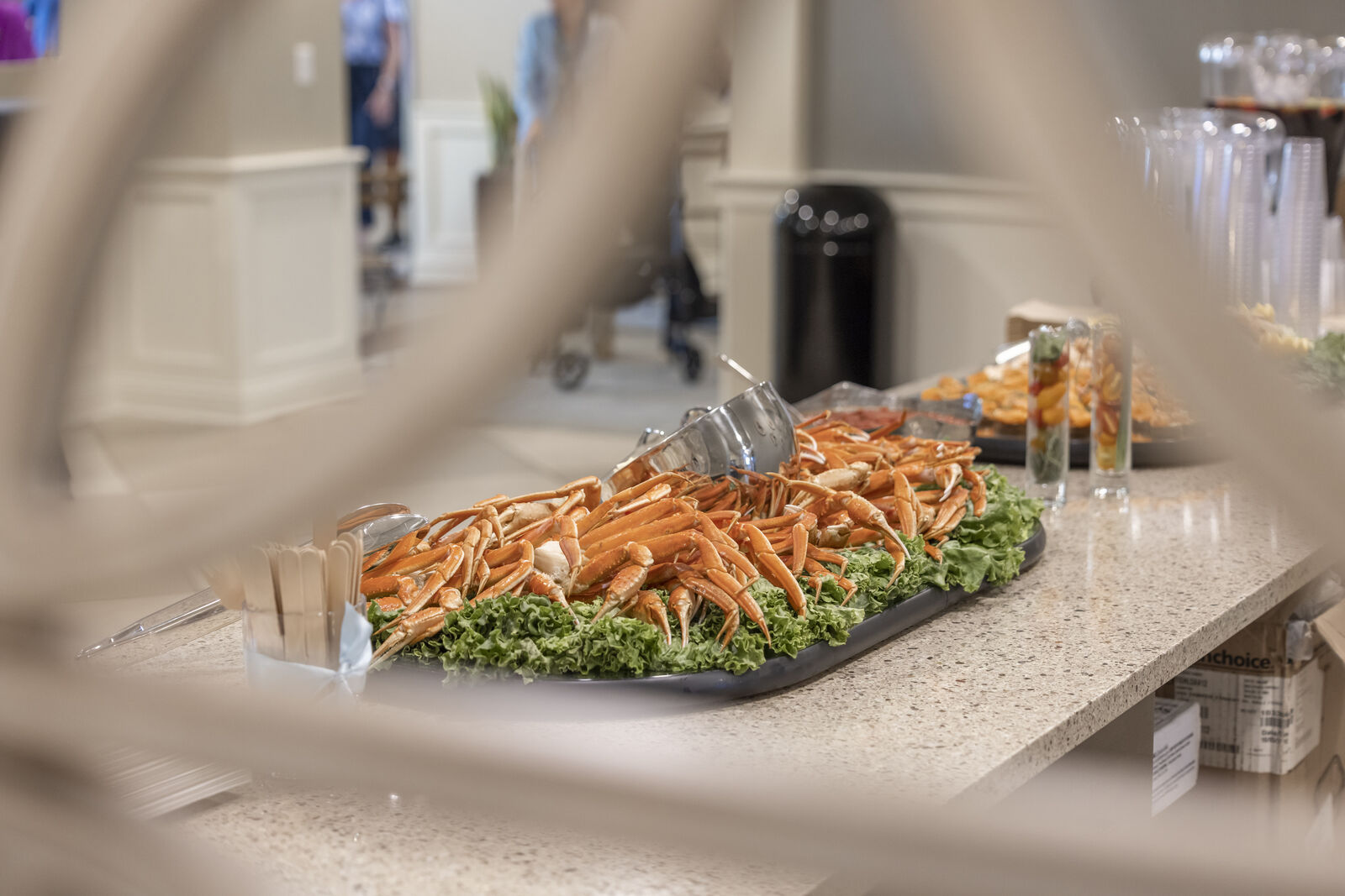 A beautifully arranged crab dish in a dining area.