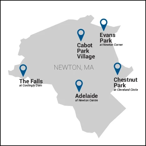 Map showing locations of various parks in Newton, MA