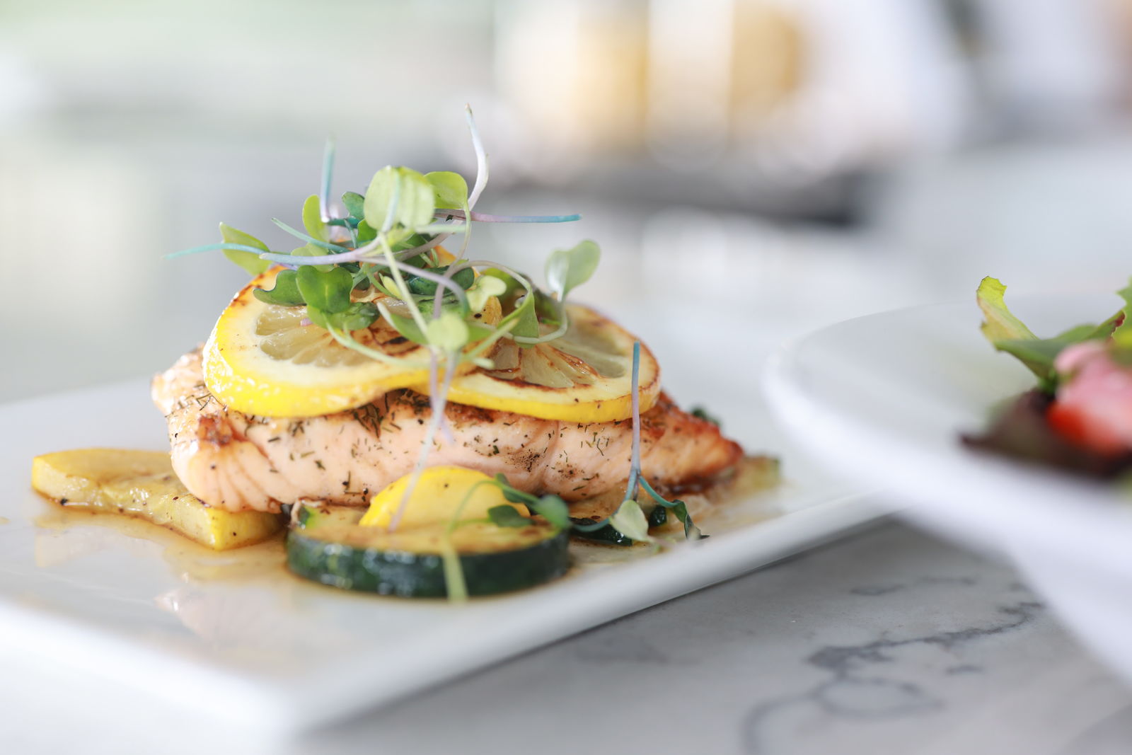 A beautifully plated meal with salmon and vegetables
