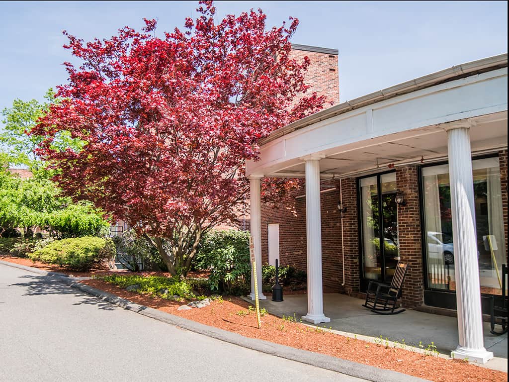 Front entrance of CareOne at Lowell with flowering tree