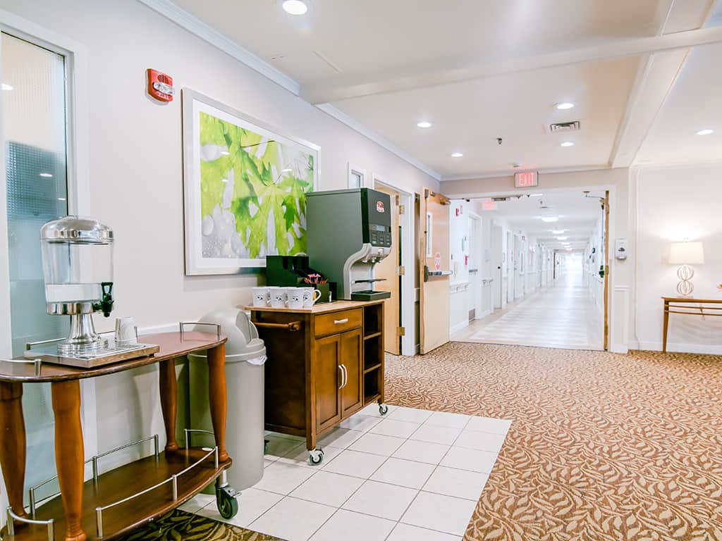 Bright hallway with beverage station
