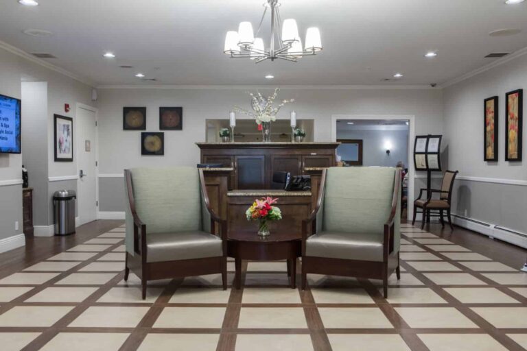 Interior view of a cozy common area with seating