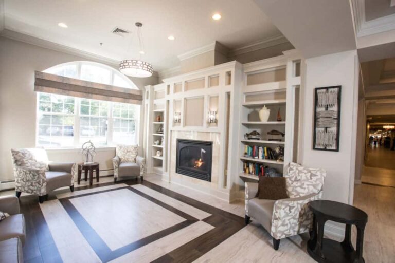 Cozy common area with seating and fireplace