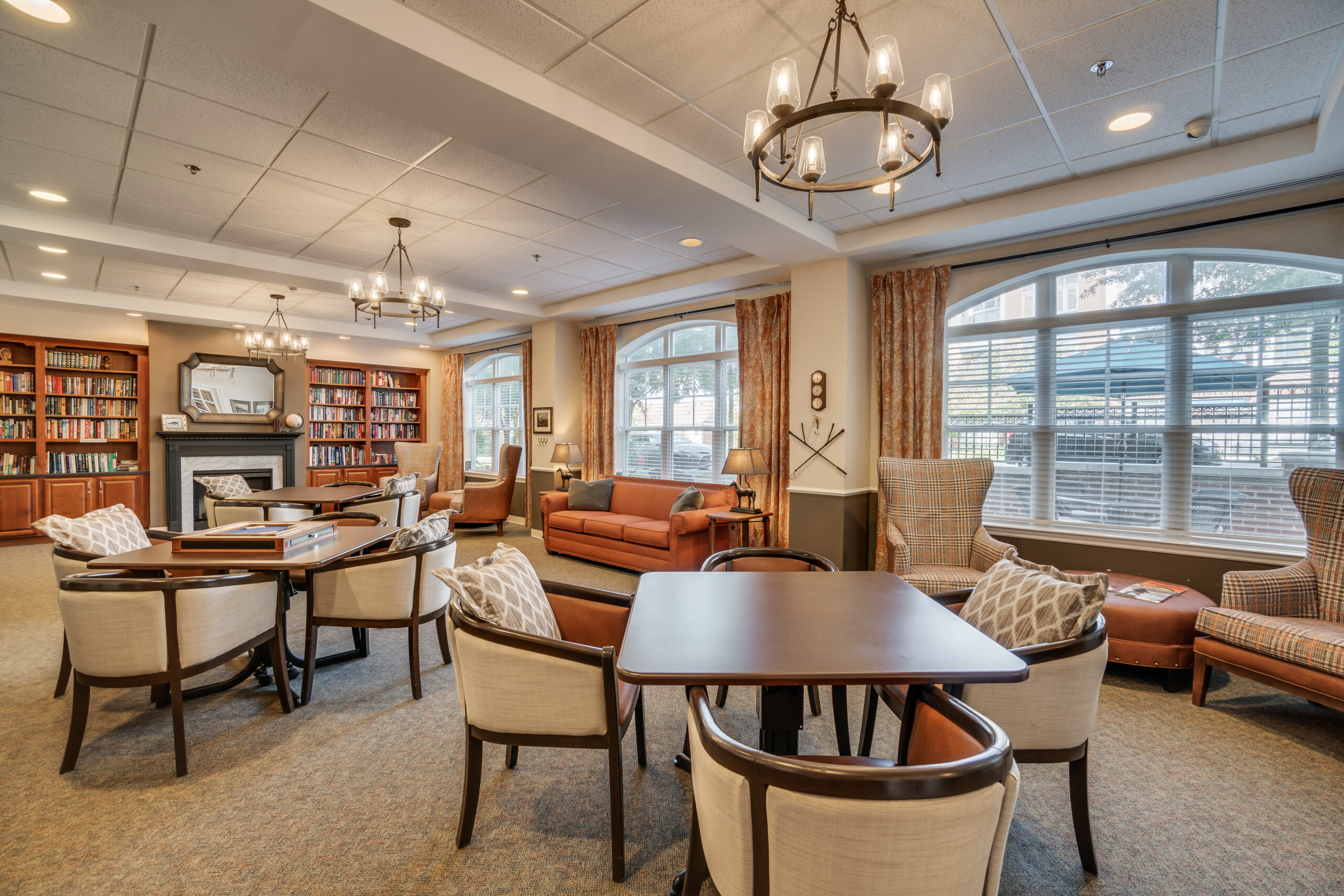 Interior view of a cozy common area with seating