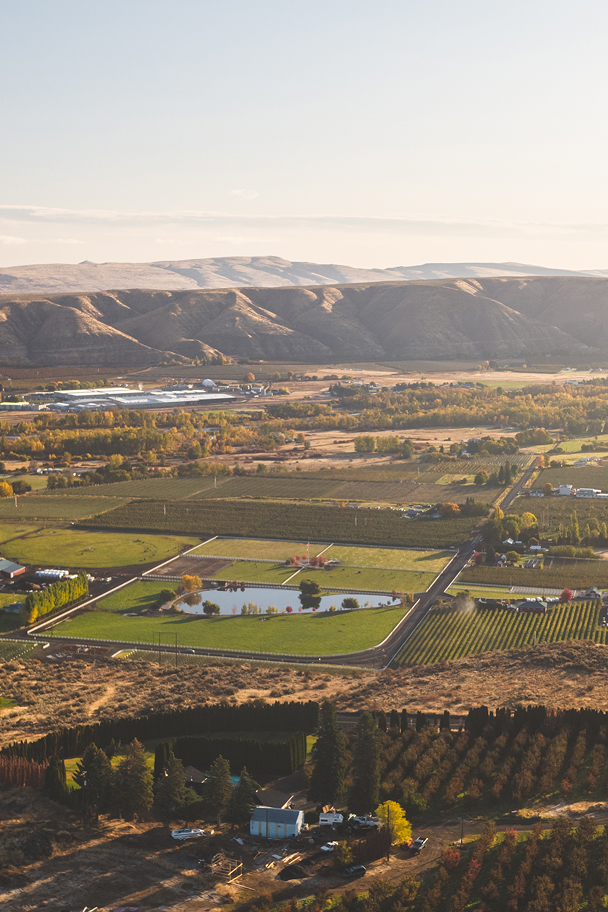Aerial view of a rural landscape with fields and a pond