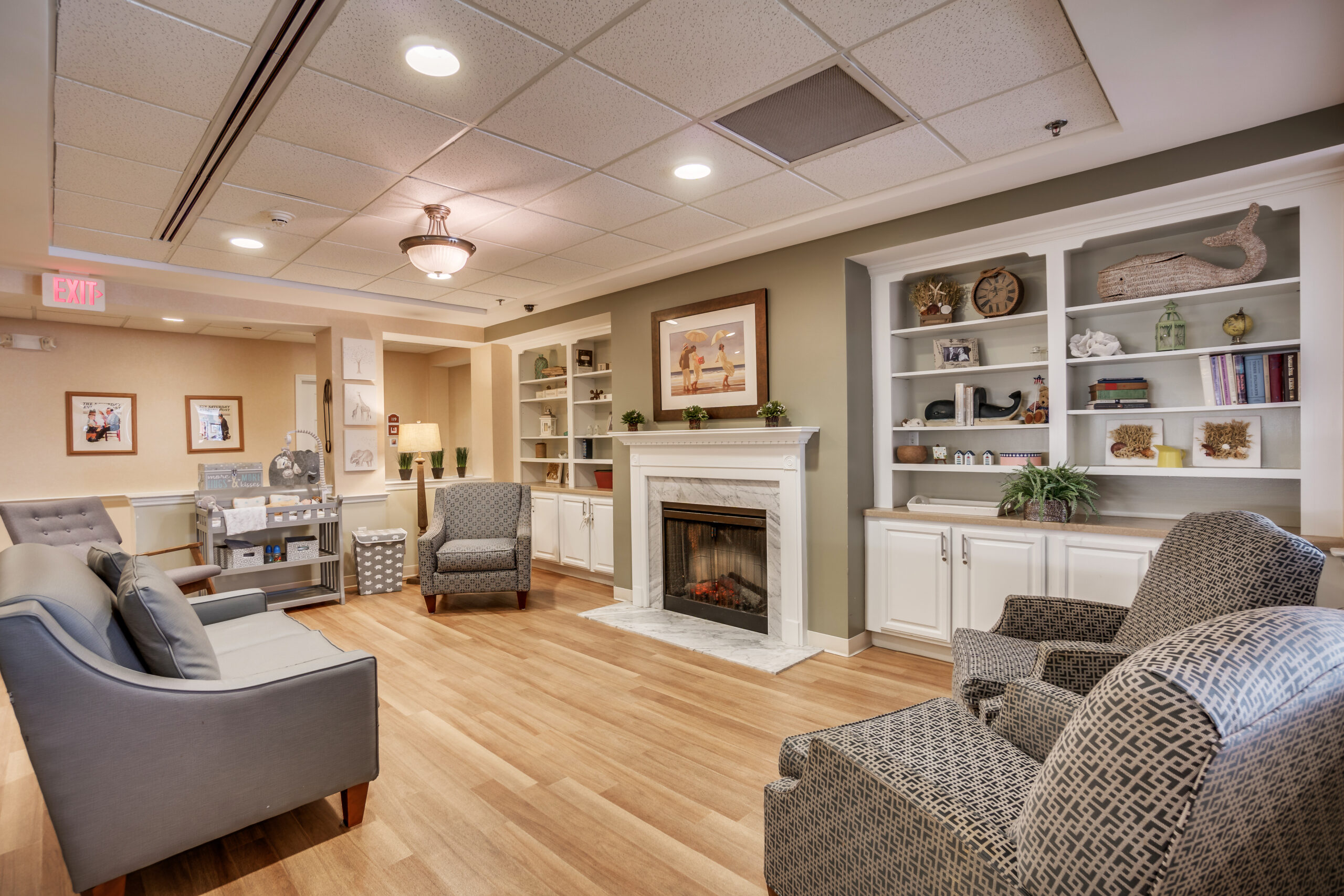 Interior common area with seating and fireplace