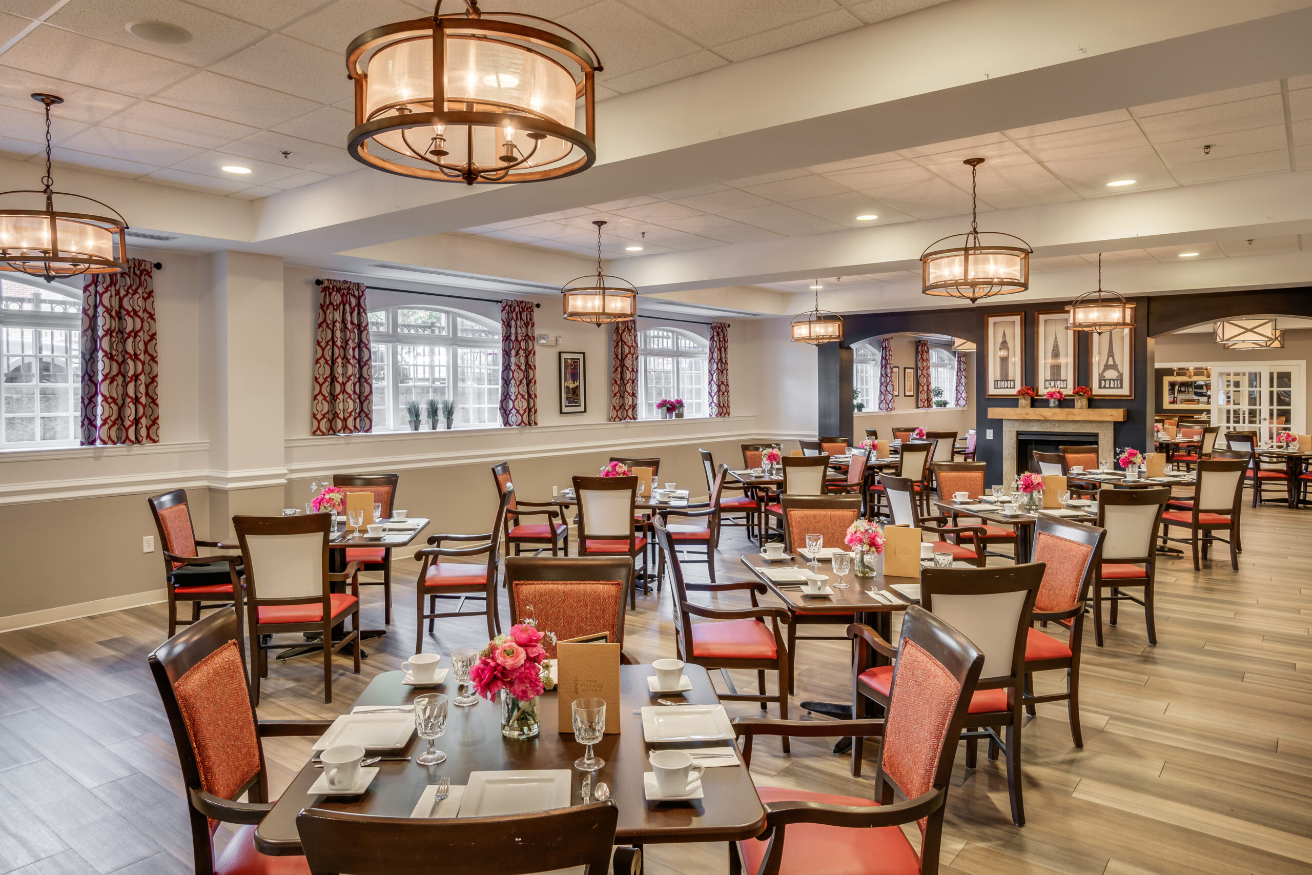 Bright dining room with decorated tables and chairs