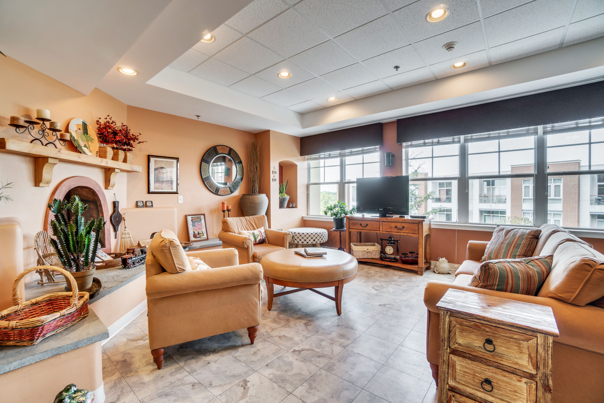 Cozy common area with seating and sunlight