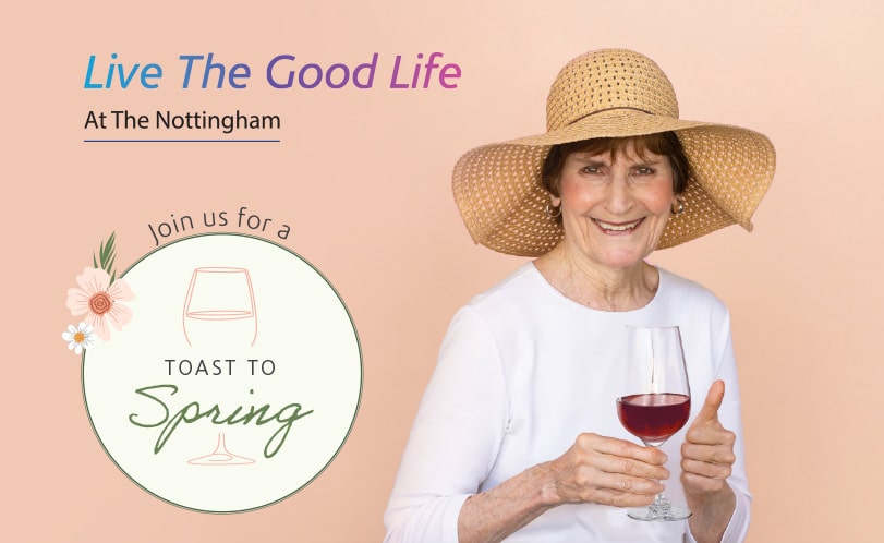 A senior woman enjoying a drink, promoting an event
