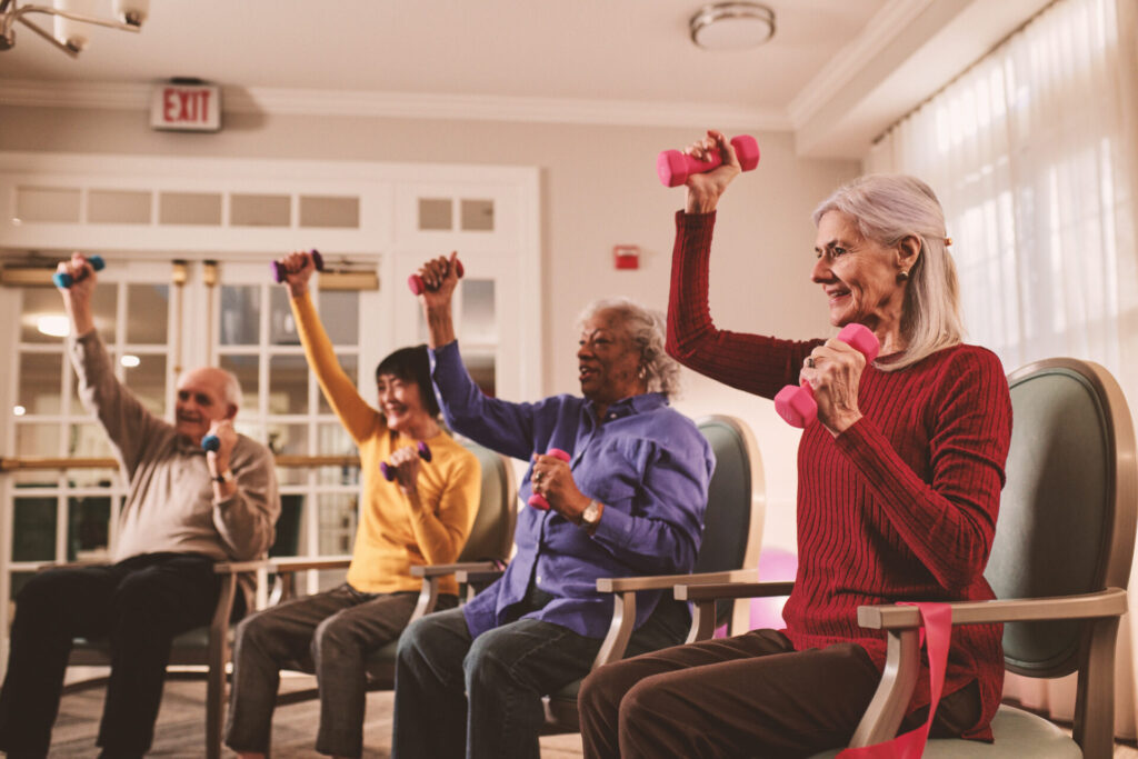 Residents participating in a group exercise class.