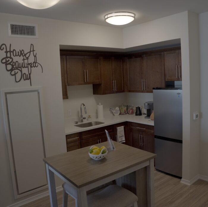 Bright, modern kitchenette in a senior living space
