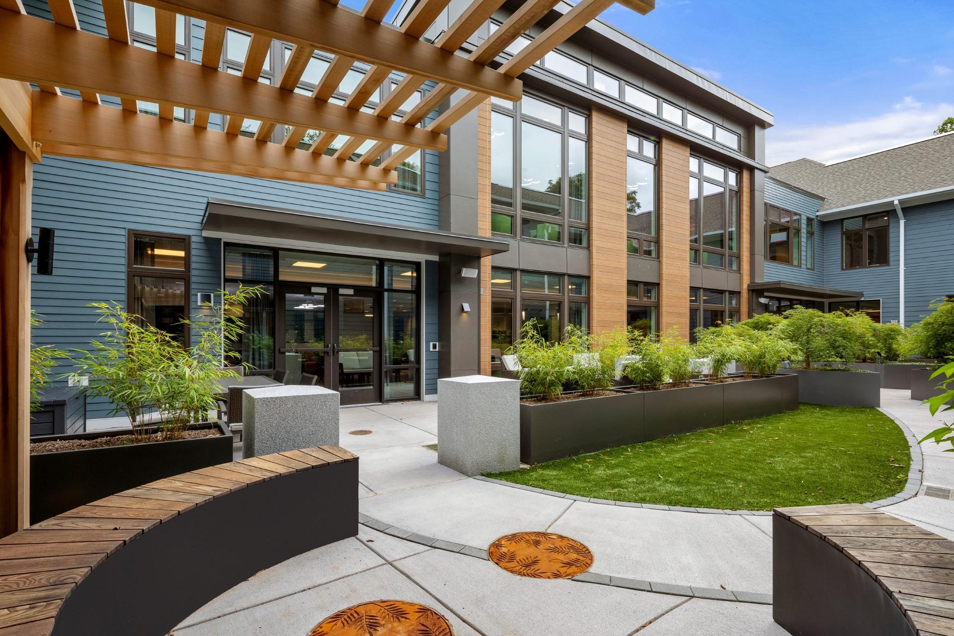 Beautiful courtyard with greenery and seating areas