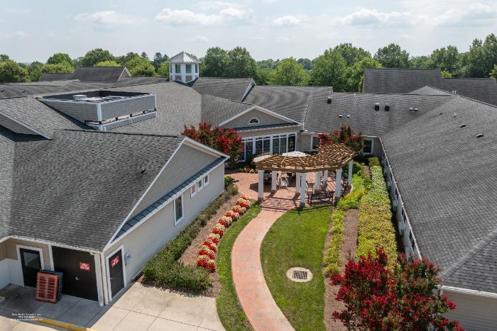 Aerial view of the facility's outdoor space with landscaping