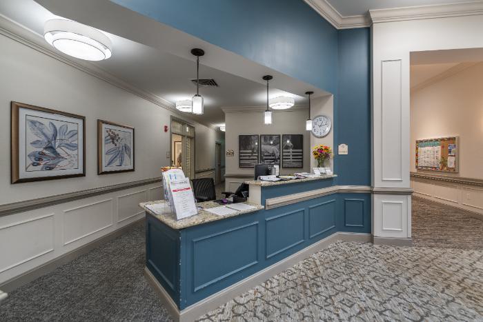 Reception area of an assisted living facility with decor