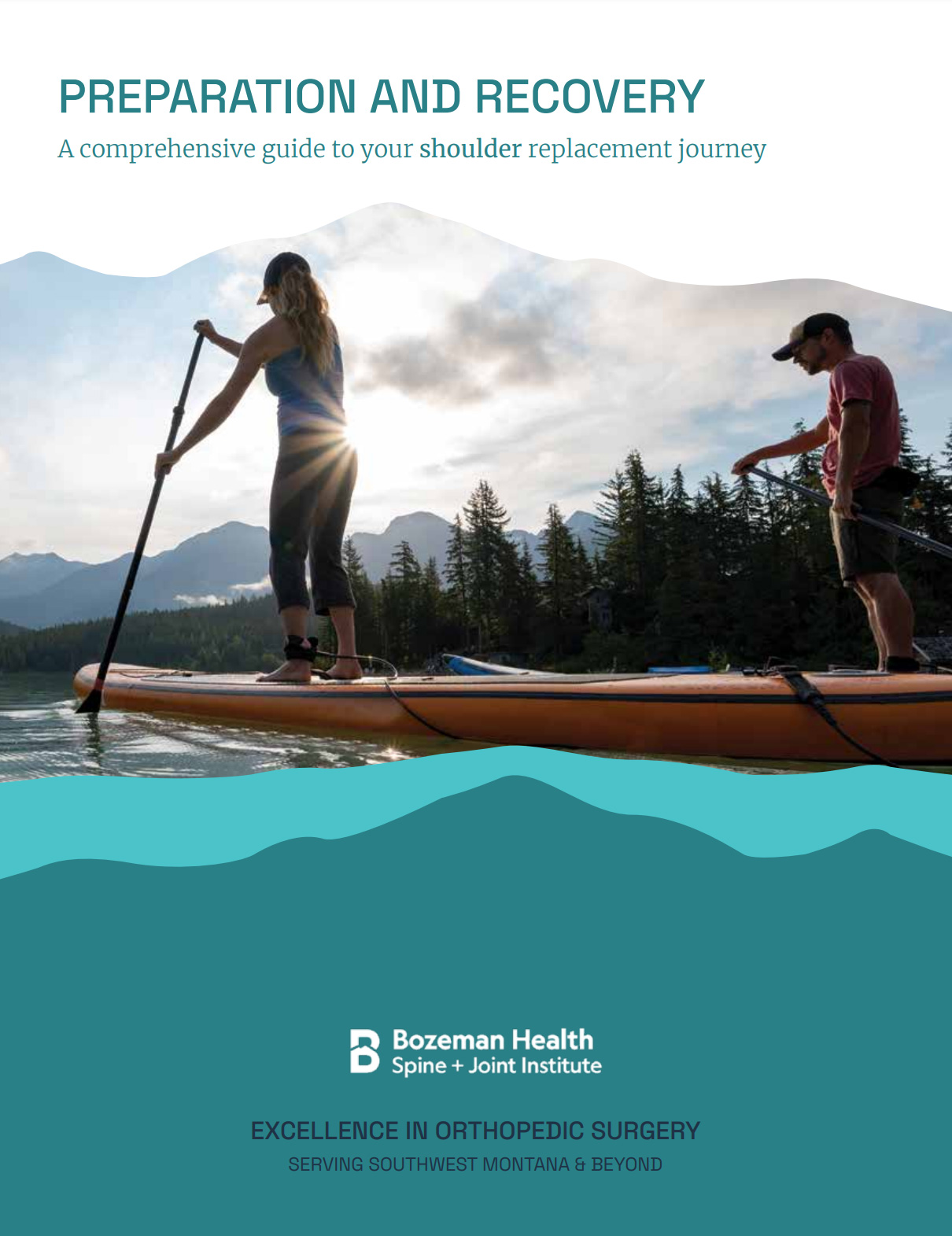 Paddlers on a serene lake with mountains in the background