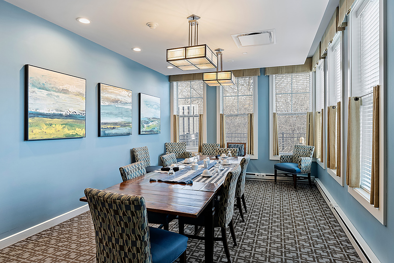 Bright dining room with modern decor and natural light